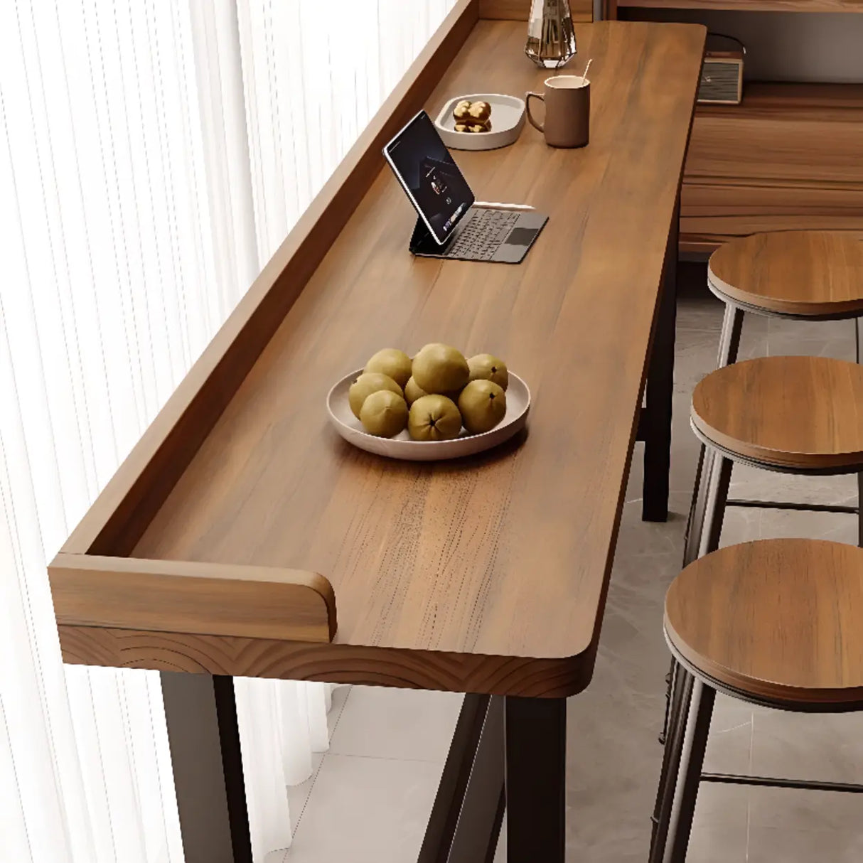 Modish Rectangular Brown Wood Fixed High Bar Table Set Image - 7