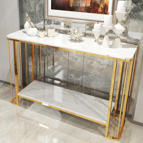 Modish Rectangular Faux Marble Gold Console Table with Shelf Image - 1