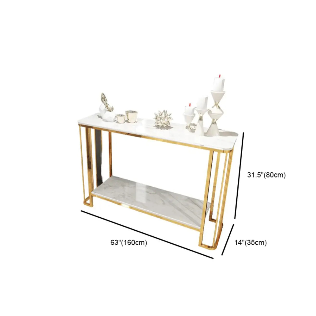 Modish Rectangular Faux Marble Gold Console Table with Shelf Image - 10