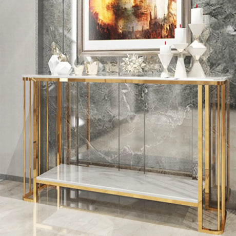 Modish Rectangular Faux Marble Gold Console Table with Shelf Image - 2