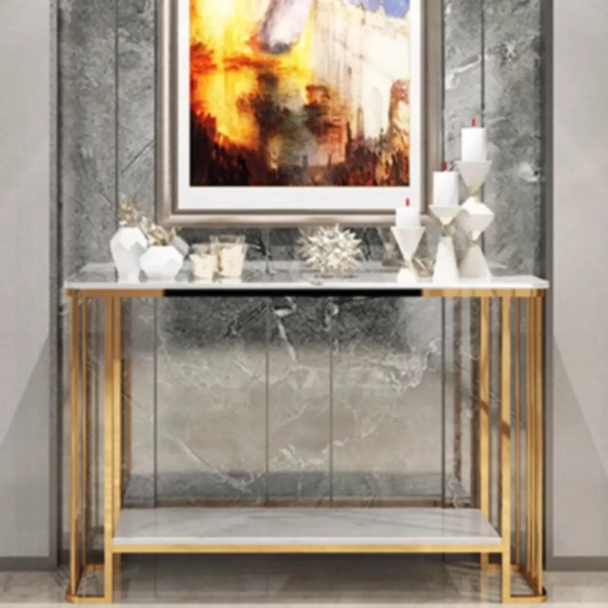 Modish Rectangular Faux Marble Gold Console Table with Shelf Image - 3