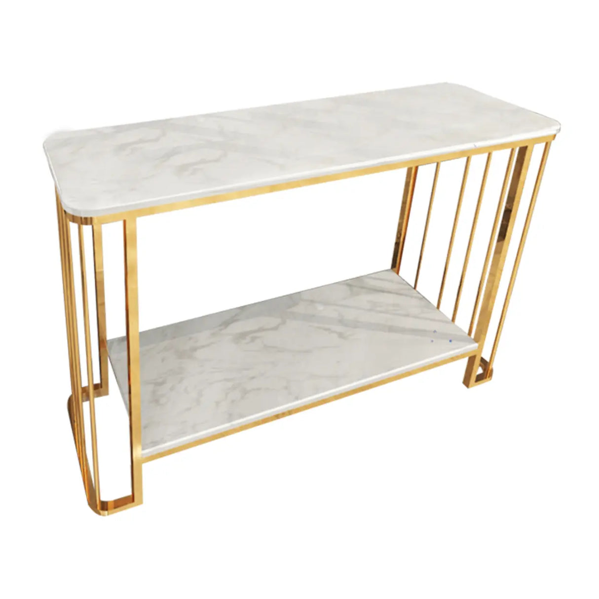 Modish Rectangular Faux Marble Gold Console Table with Shelf Image - 4