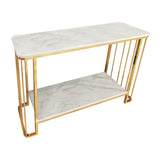 Modish Rectangular Faux Marble Gold Console Table with Shelf Image - 4