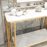 Modish Rectangular Faux Marble Gold Console Table with Shelf Image - 6