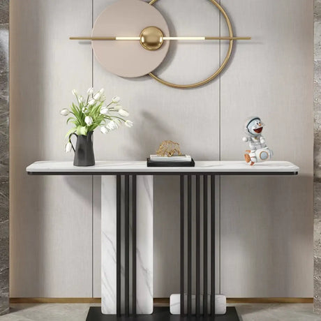 Modish Rectangular Stone Dual-Pedestal Console Table Image - 1