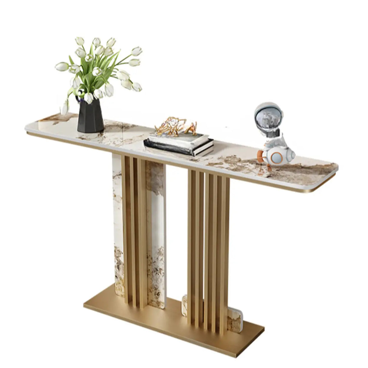 Modish Rectangular Stone Dual-Pedestal Console Table Image - 10