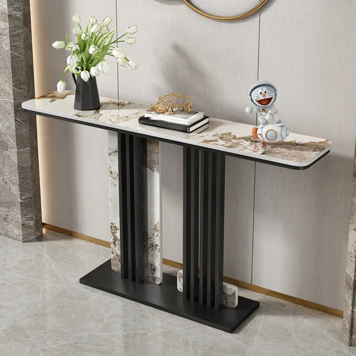 Modish Rectangular Stone Dual-Pedestal Console Table Image - 11