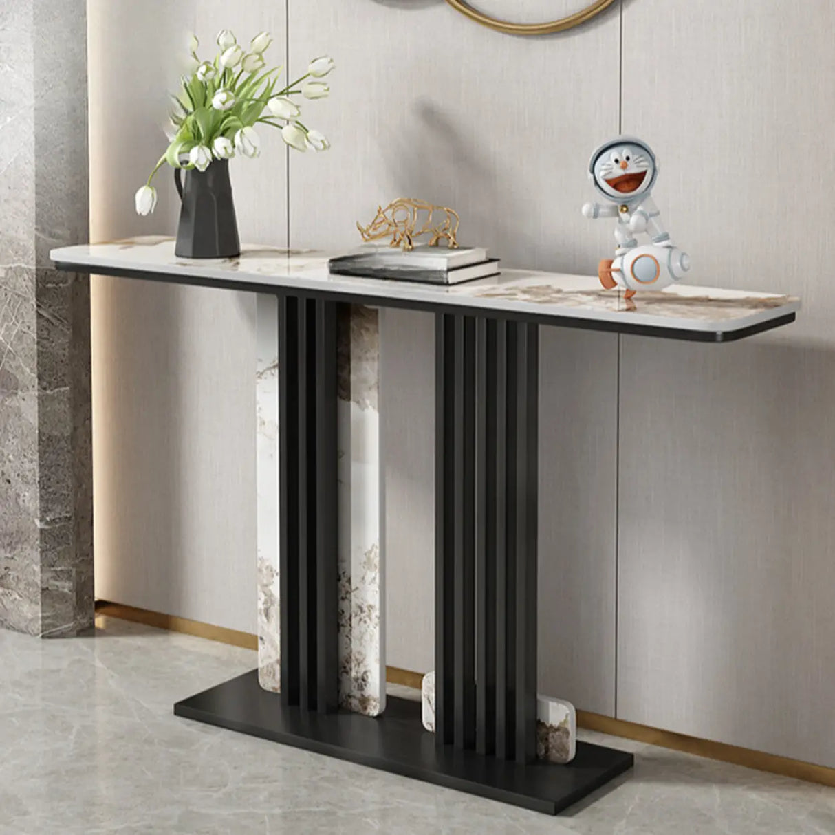 Modish Rectangular Stone Dual-Pedestal Console Table Image - 12