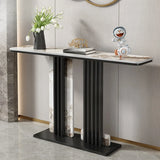 Modish Rectangular Stone Dual-Pedestal Console Table Image - 12