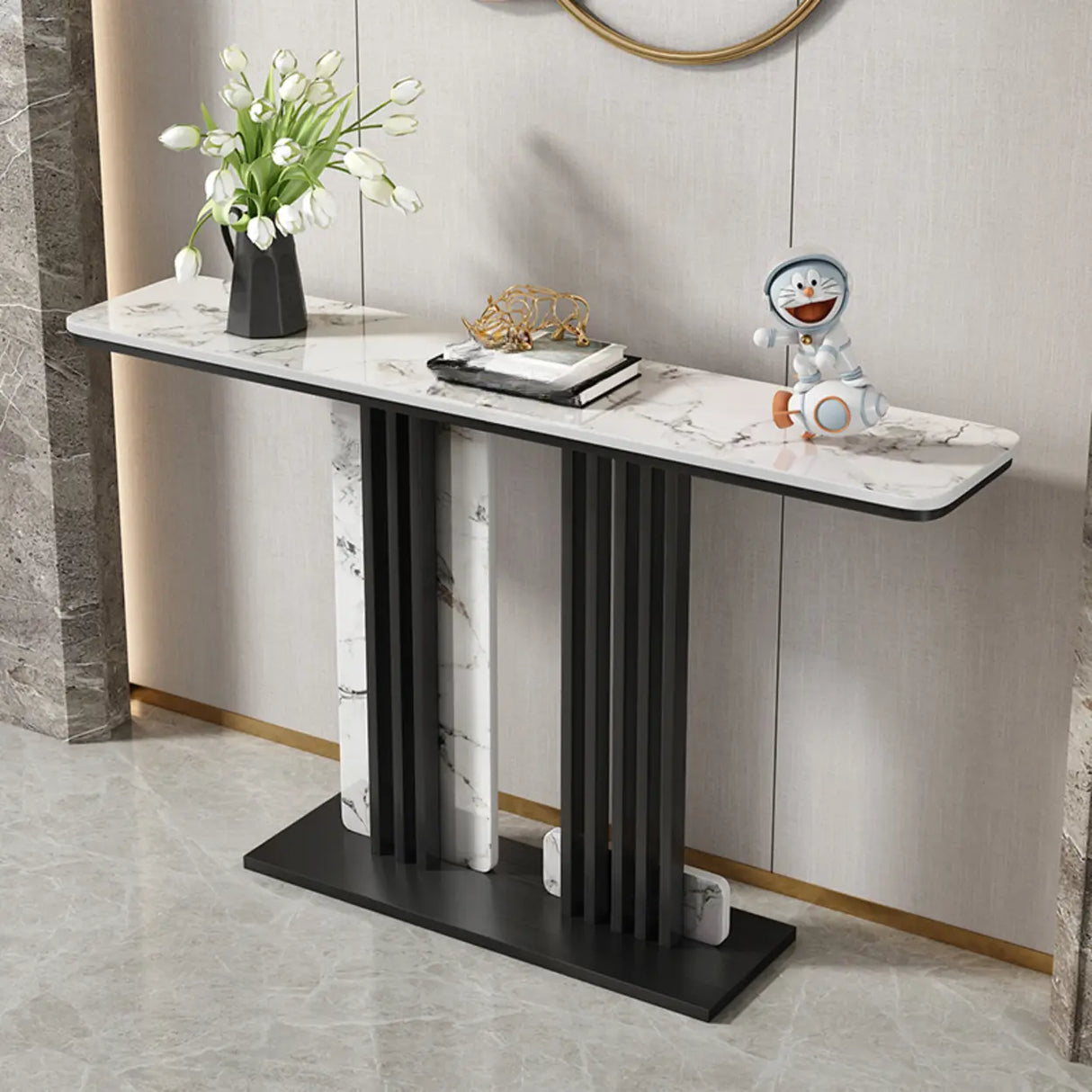 Modish Rectangular Stone Dual-Pedestal Console Table Image - 13