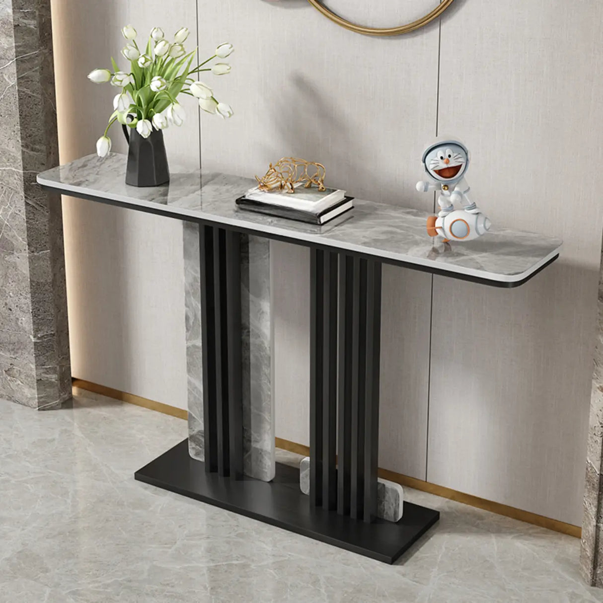 Modish Rectangular Stone Dual-Pedestal Console Table Image - 14