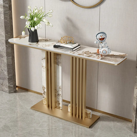 Modish Rectangular Stone Dual-Pedestal Console Table Image - 2