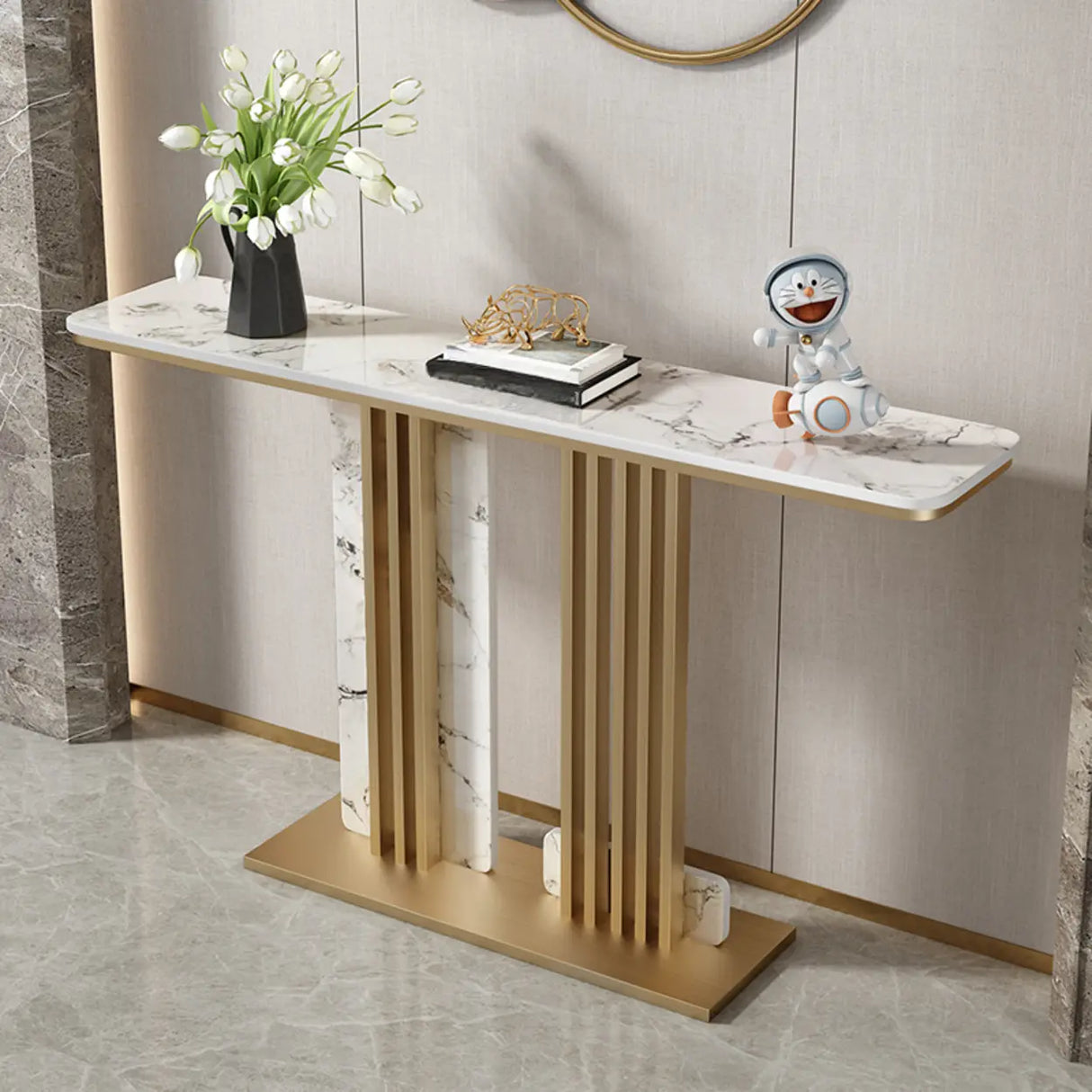 Modish Rectangular Stone Dual-Pedestal Console Table Image - 4
