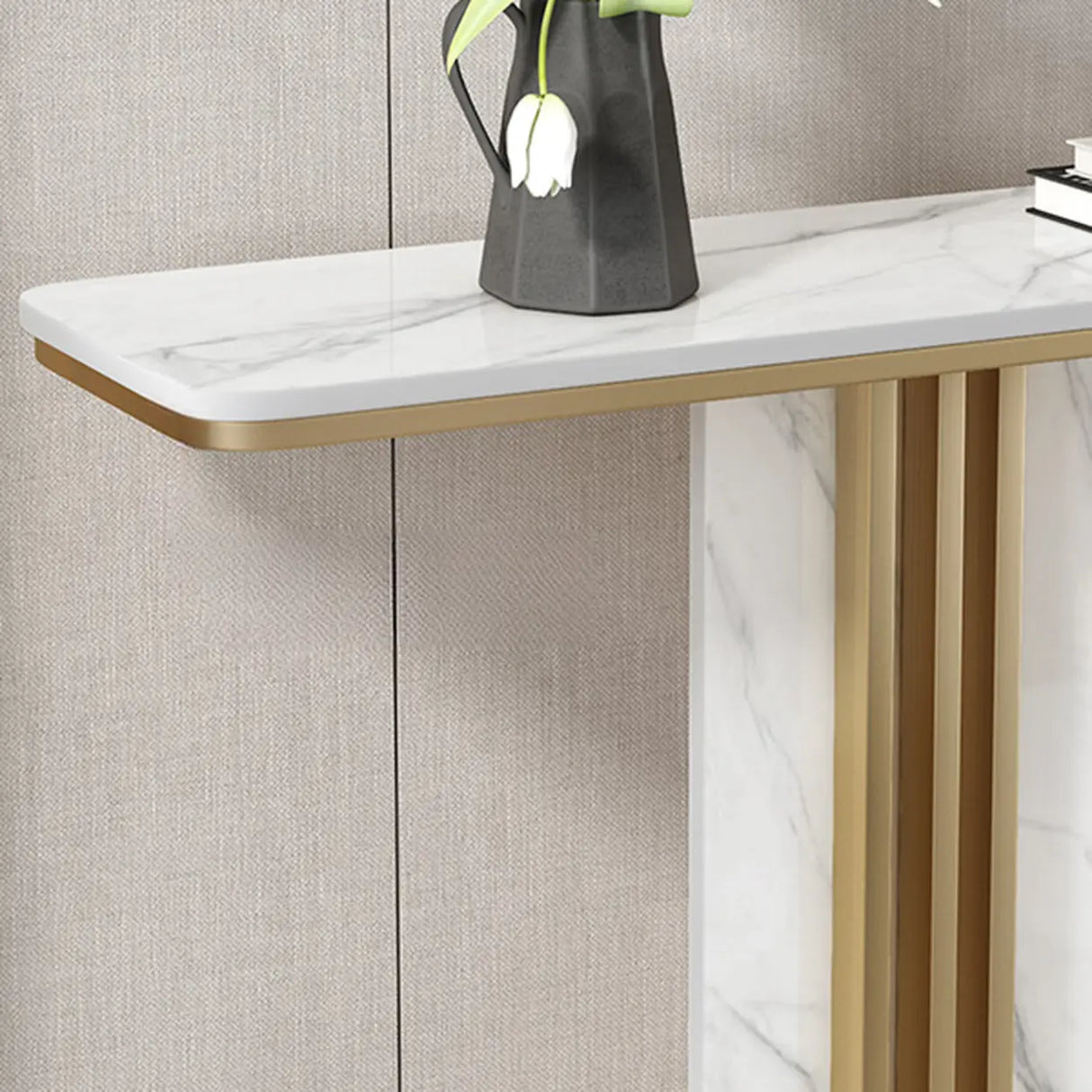 Modish Rectangular Stone Dual-Pedestal Console Table Image - 5