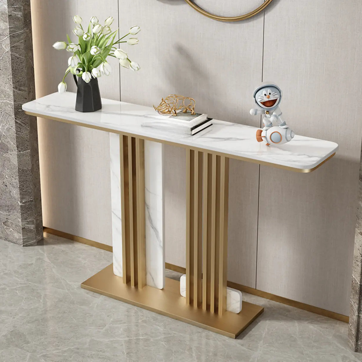 Modish Rectangular Stone Dual-Pedestal Console Table Image - 6