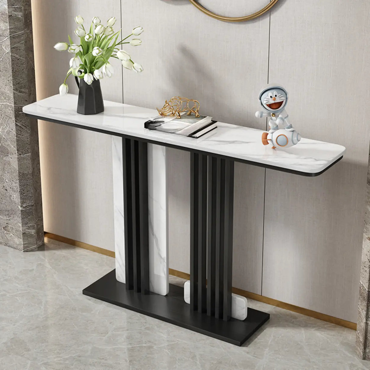 Modish Rectangular Stone Dual-Pedestal Console Table Image - 7