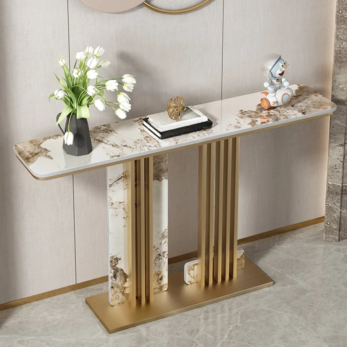 Modish Rectangular Stone Dual-Pedestal Console Table Image - 8