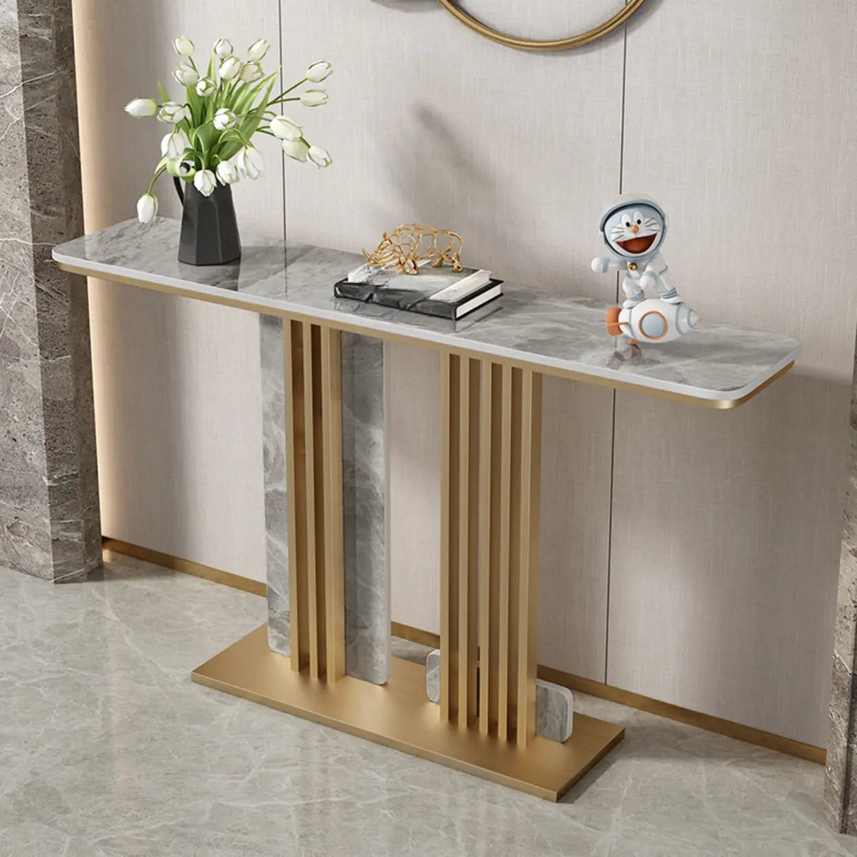 Modish Rectangular Stone Dual-Pedestal Console Table Image - 9