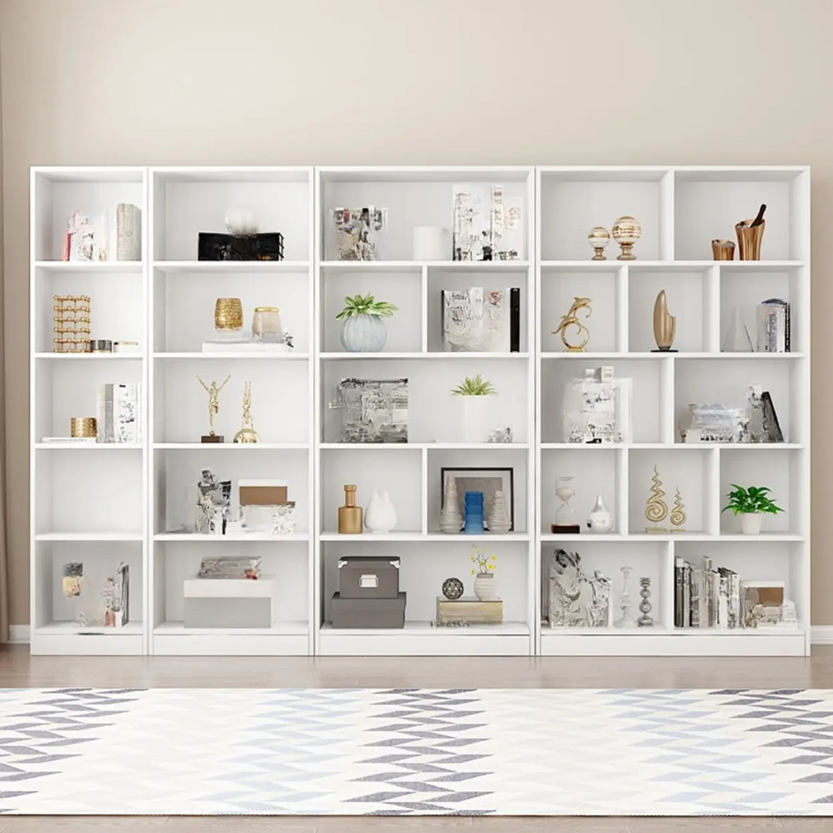Modish Rectangular Vertical White Wood Large Bookcase Image - 4