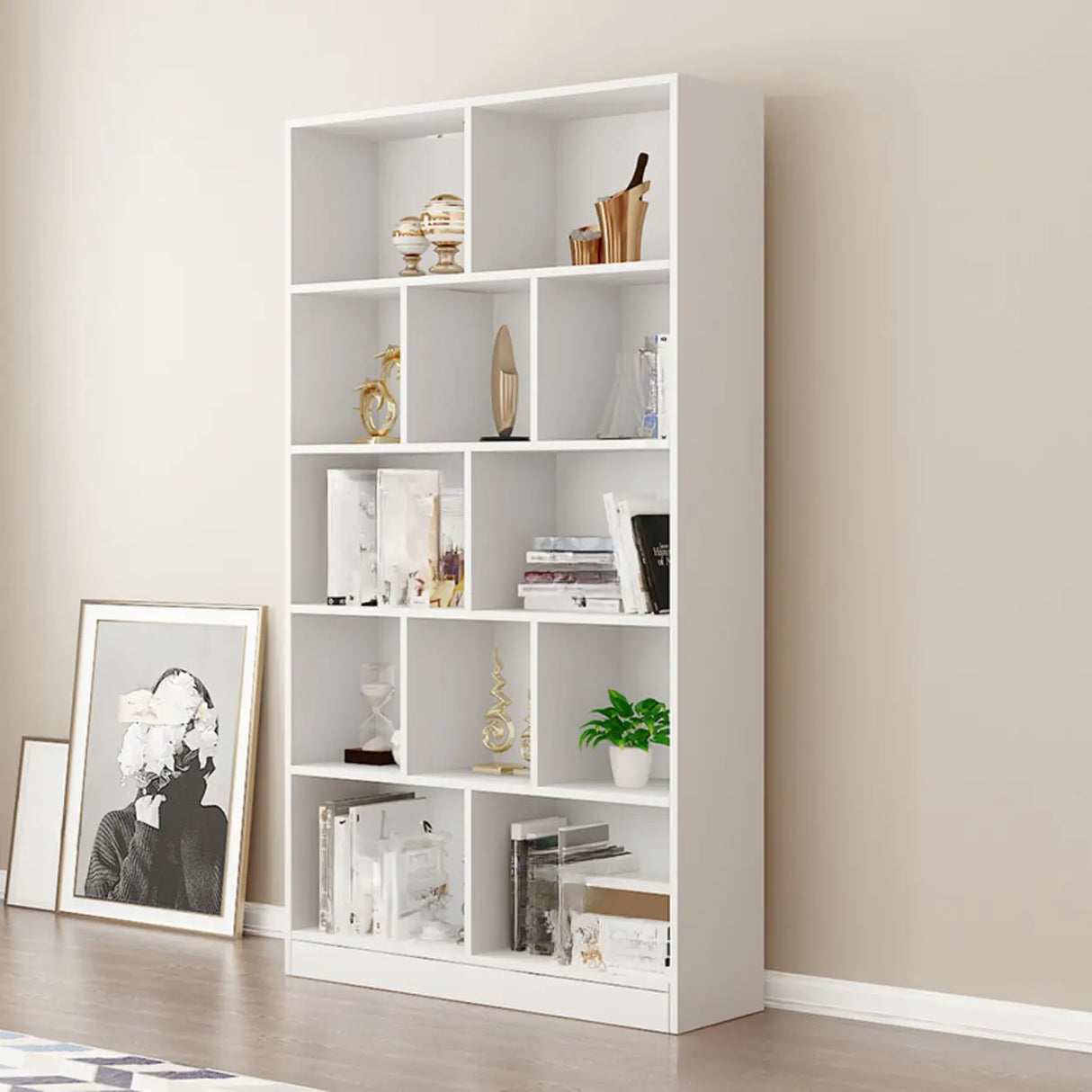 Modish Rectangular Vertical White Wood Large Bookcase Image - 7