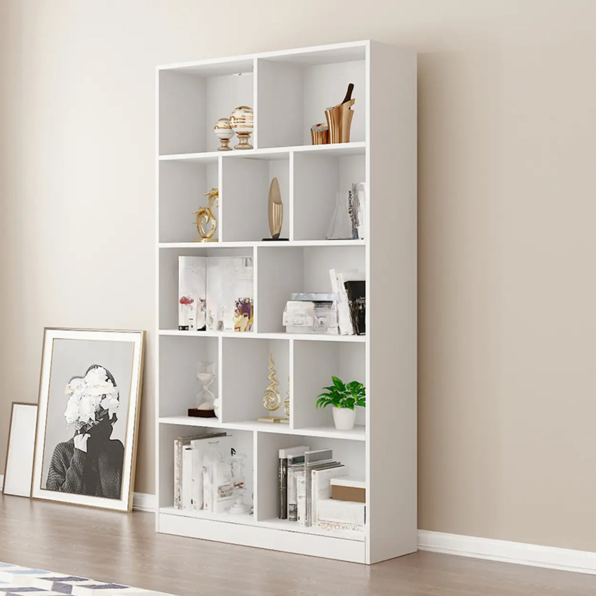 Modish Rectangular Vertical White Wood Large Bookcase Image - 9
