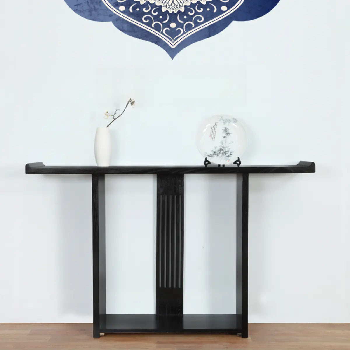 Modish Rectangular Wood Black Floor Shelf Console Table Image - 1