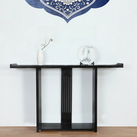 Modish Rectangular Wood Black Floor Shelf Console Table Image - 1