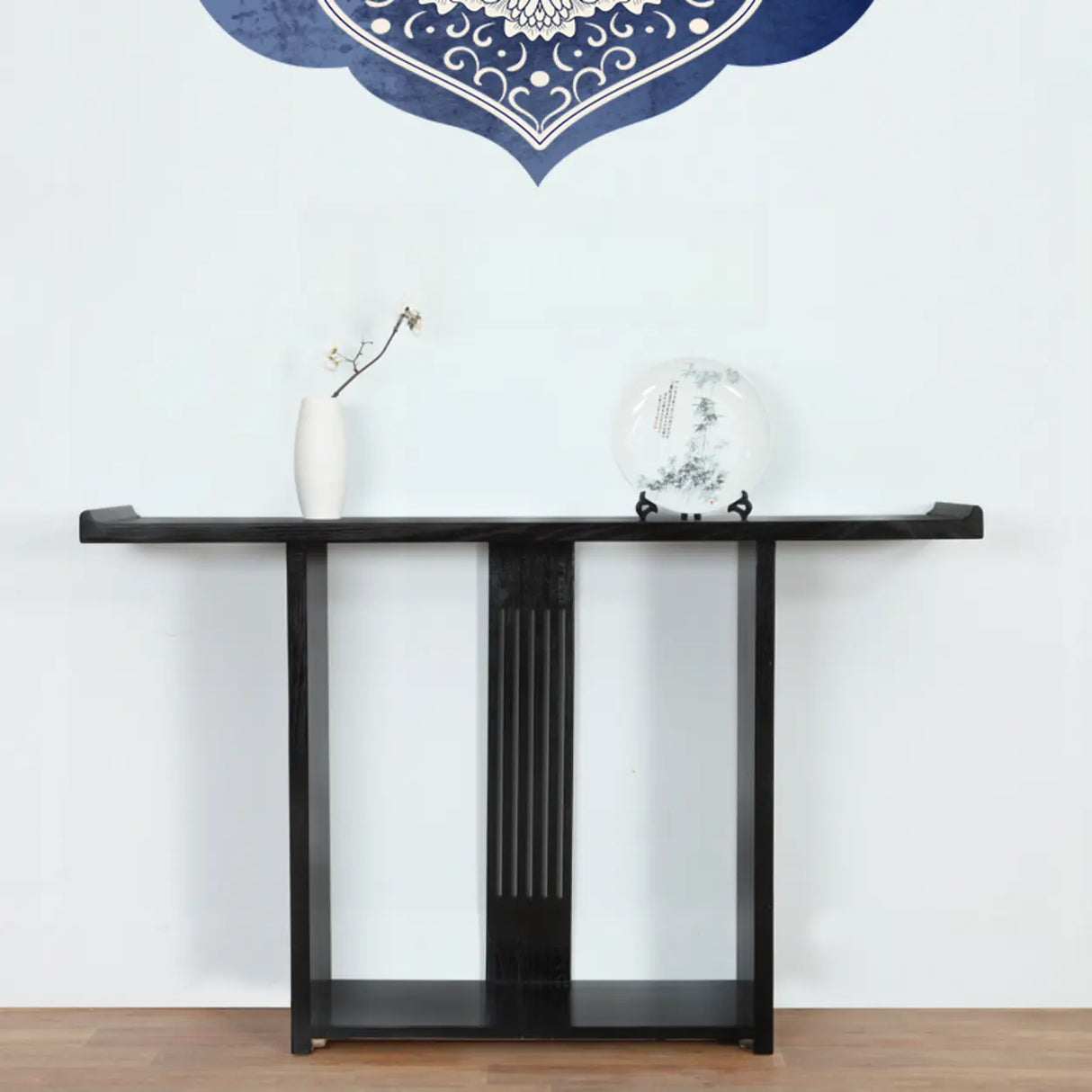 Modish Rectangular Wood Black Floor Shelf Console Table Image - 1