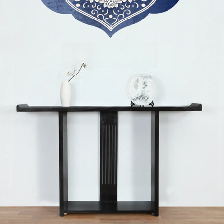 Modish Rectangular Wood Black Floor Shelf Console Table Image - 1