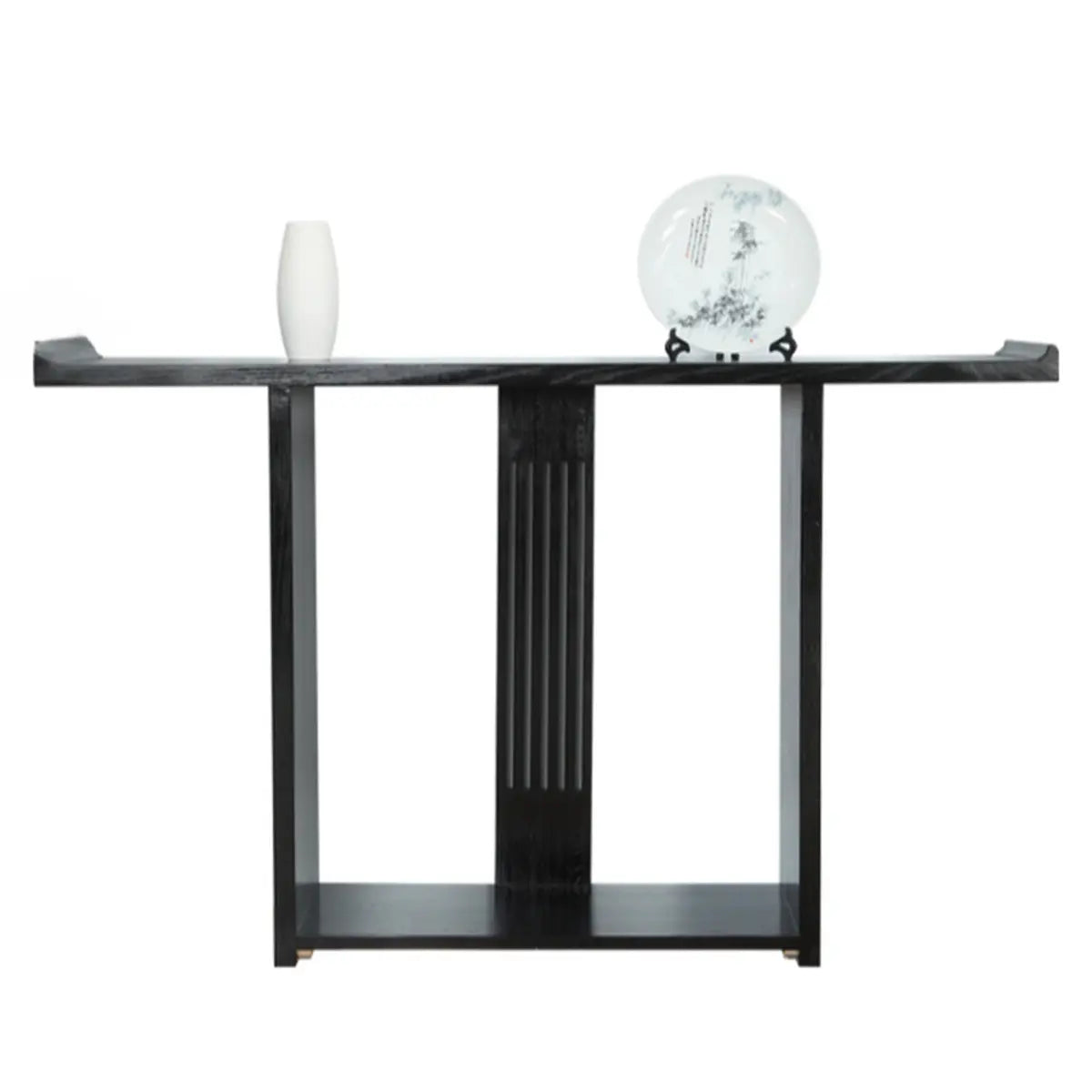 Modish Rectangular Wood Black Floor Shelf Console Table Image - 2