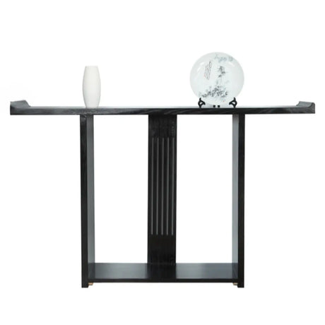 Modish Rectangular Wood Black Floor Shelf Console Table Image - 2