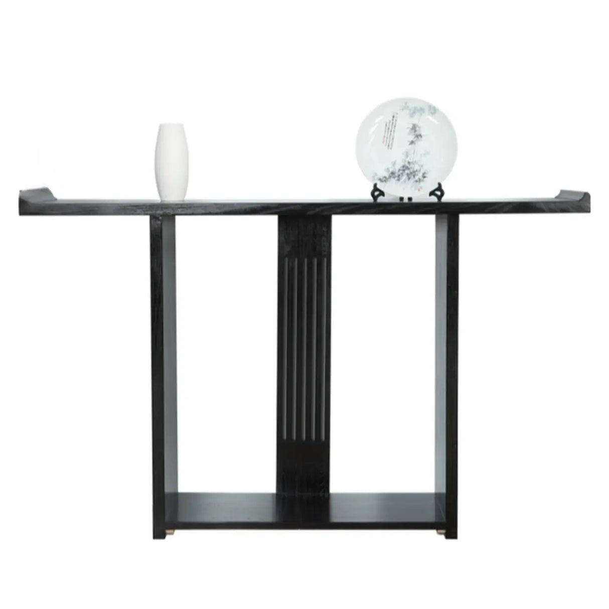 Modish Rectangular Wood Black Floor Shelf Console Table Image - 2