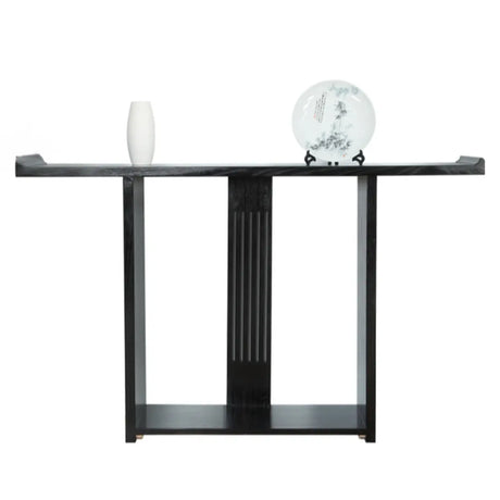 Modish Rectangular Wood Black Floor Shelf Console Table Image - 2