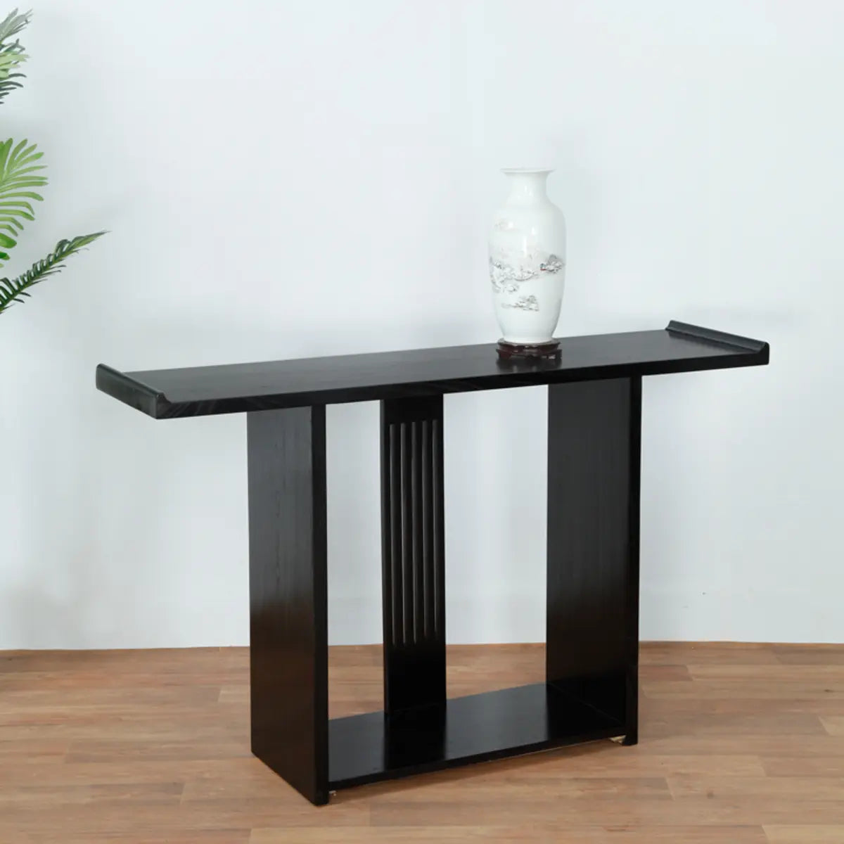 Modish Rectangular Wood Black Floor Shelf Console Table Image - 3