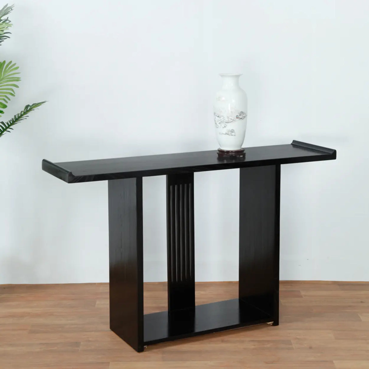 Modish Rectangular Wood Black Floor Shelf Console Table Image - 3