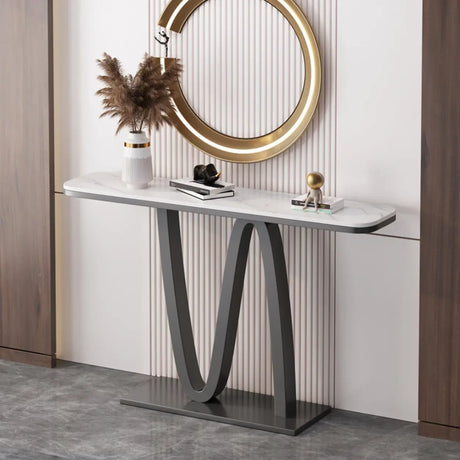 Modish Twist Stone Top Black Pedestal Console Table Image - 2