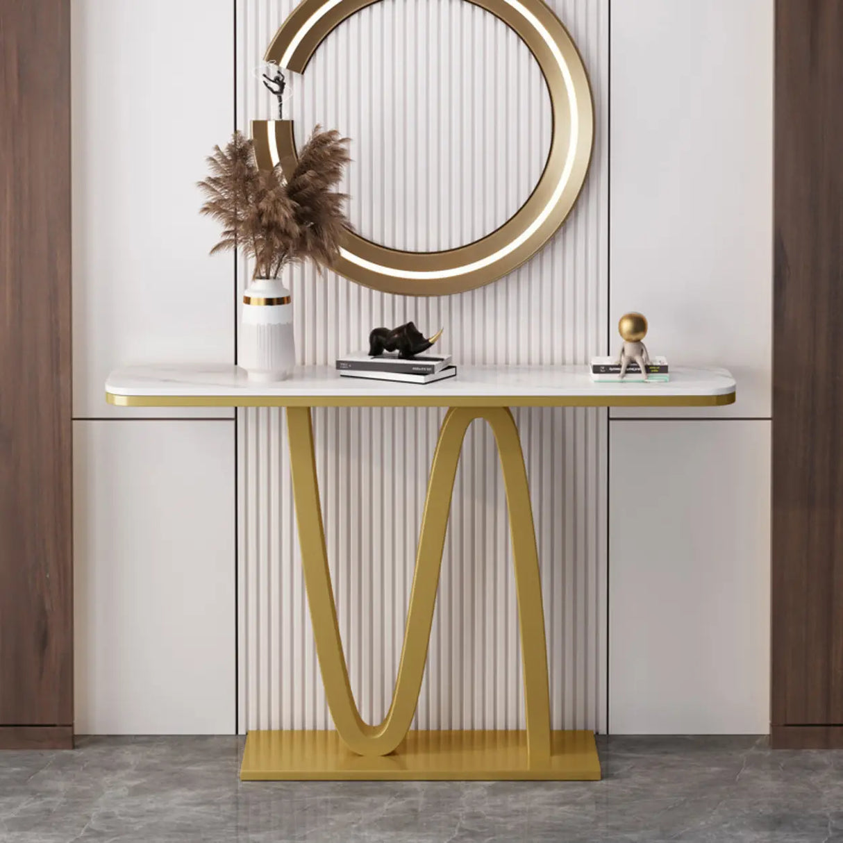 Modish Twist Stone Top Black Pedestal Console Table Image - 3