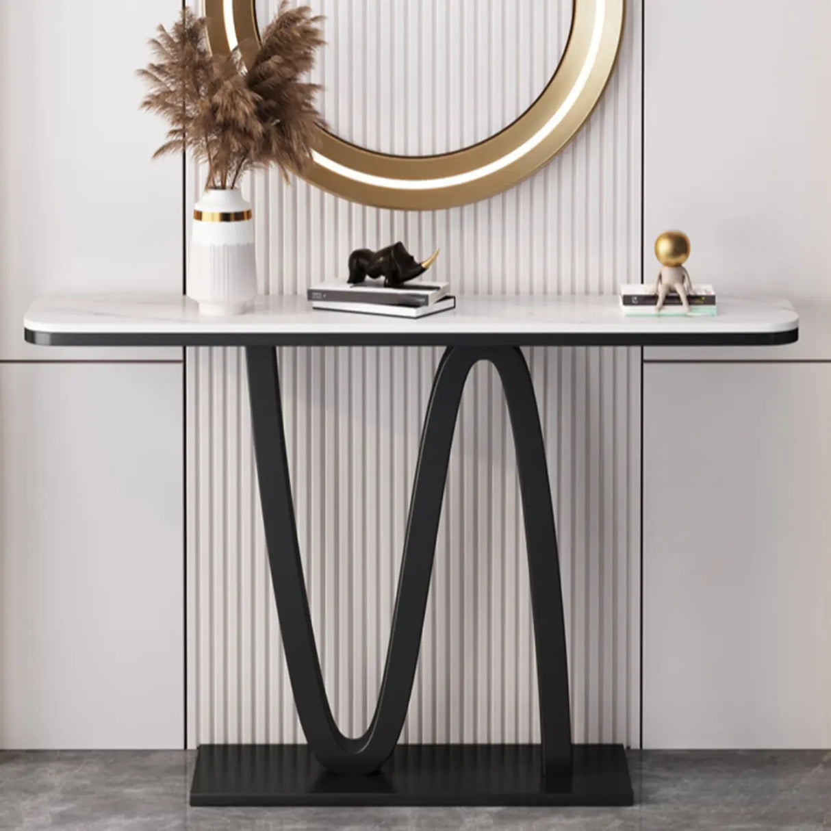 Modish Twist Stone Top Black Pedestal Console Table Image - 4