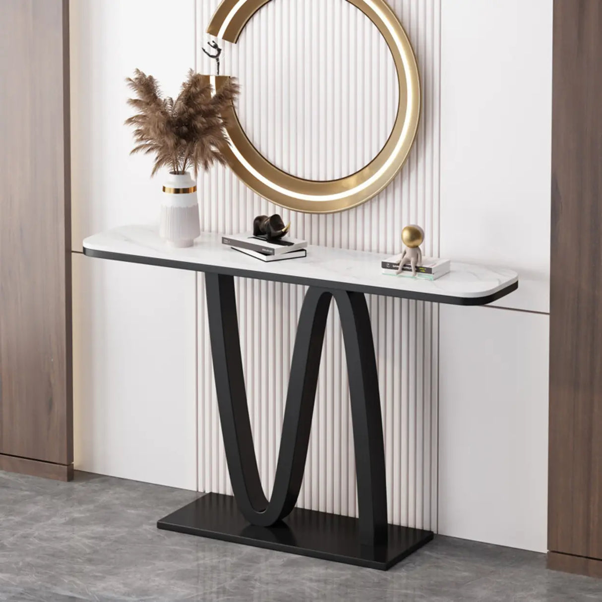 Modish Twist Stone Top Black Pedestal Console Table Image - 5
