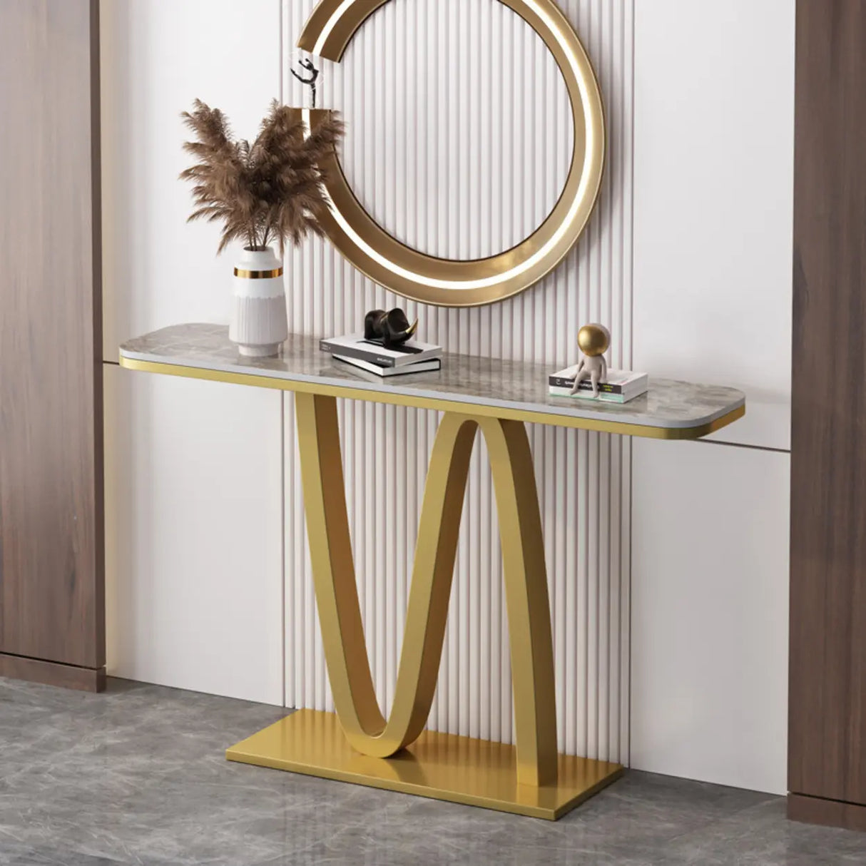 Modish Twist Stone Top Black Pedestal Console Table Image - 7