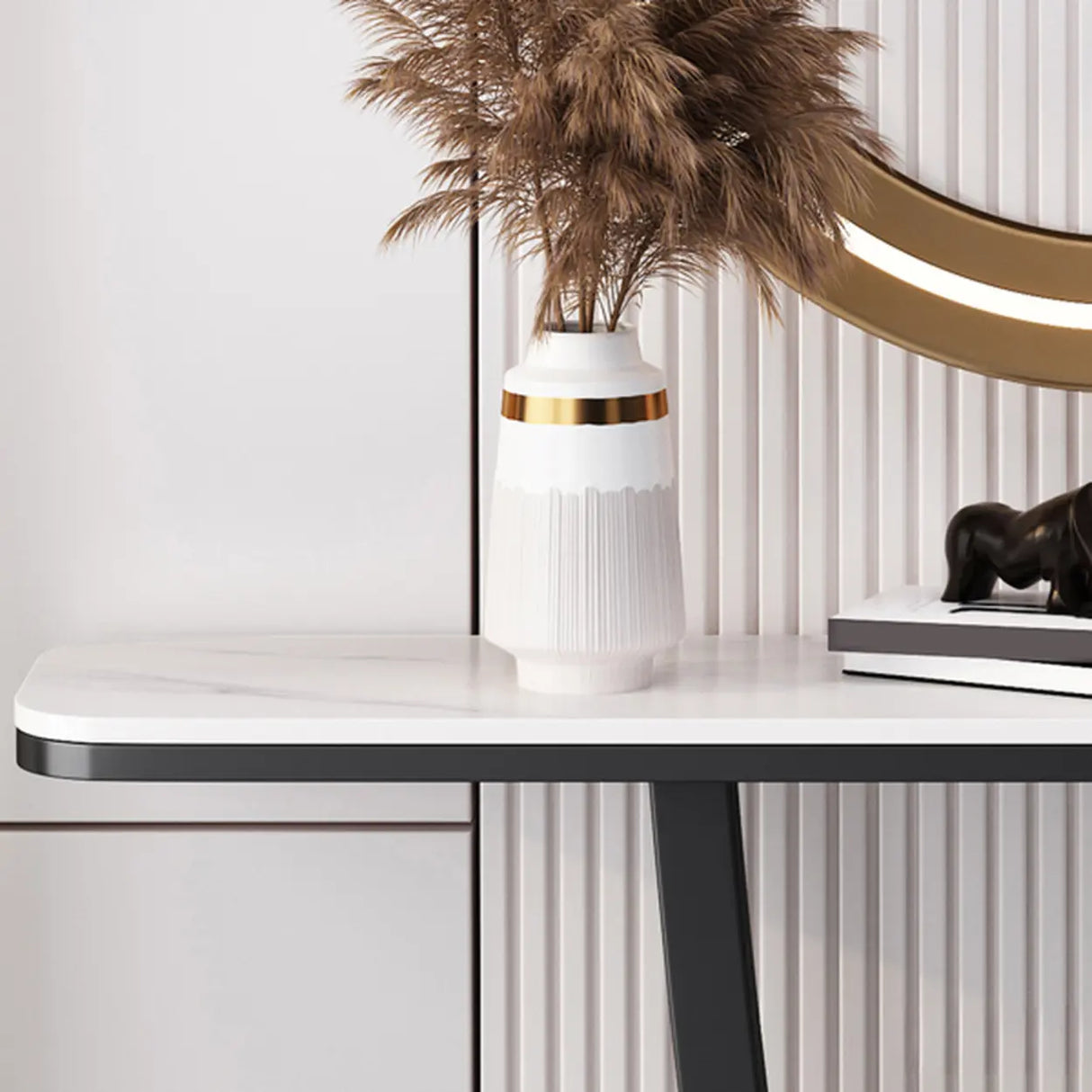 Modish Twist Stone Top Black Pedestal Console Table Image - 9