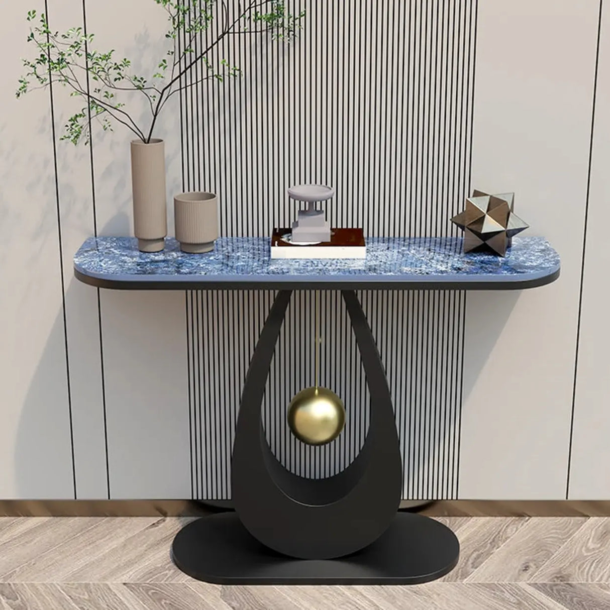 Modish U Shape Base Half Circle Blue Stone Console Image - 1