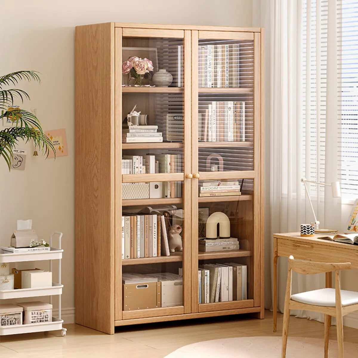 Modish Vertical Glass Doors Brown Timber Bookcases Image - 1