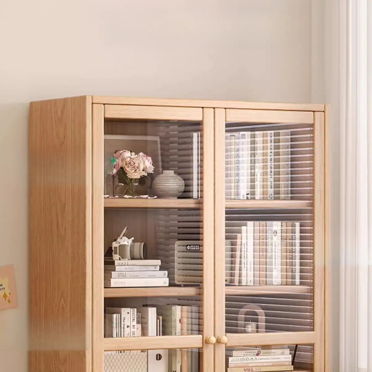 Modish Vertical Glass Doors Brown Timber Bookcases Image - 10