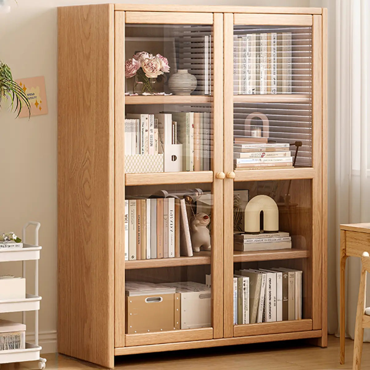 Modish Vertical Glass Doors Brown Timber Bookcases Image - 11