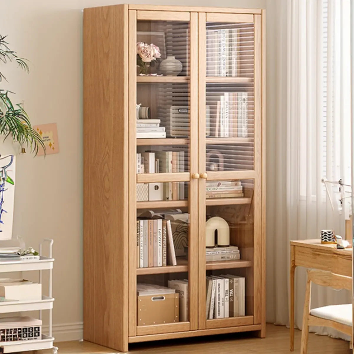Modish Vertical Glass Doors Brown Timber Bookcases Image - 13
