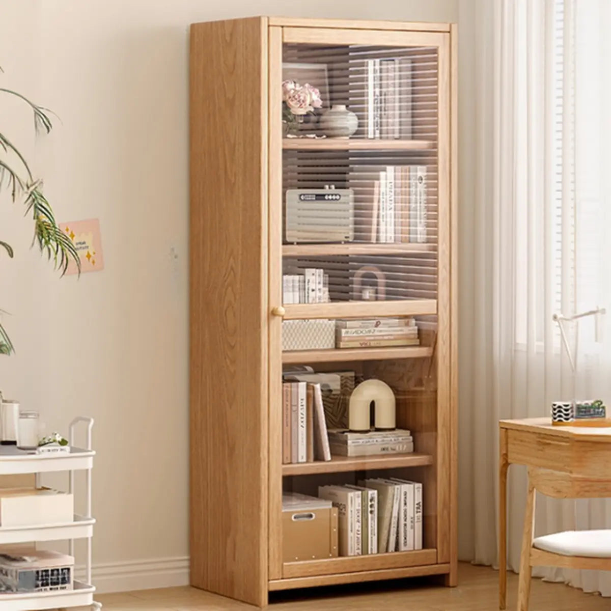 Modish Vertical Glass Doors Brown Timber Bookcases Image - 15