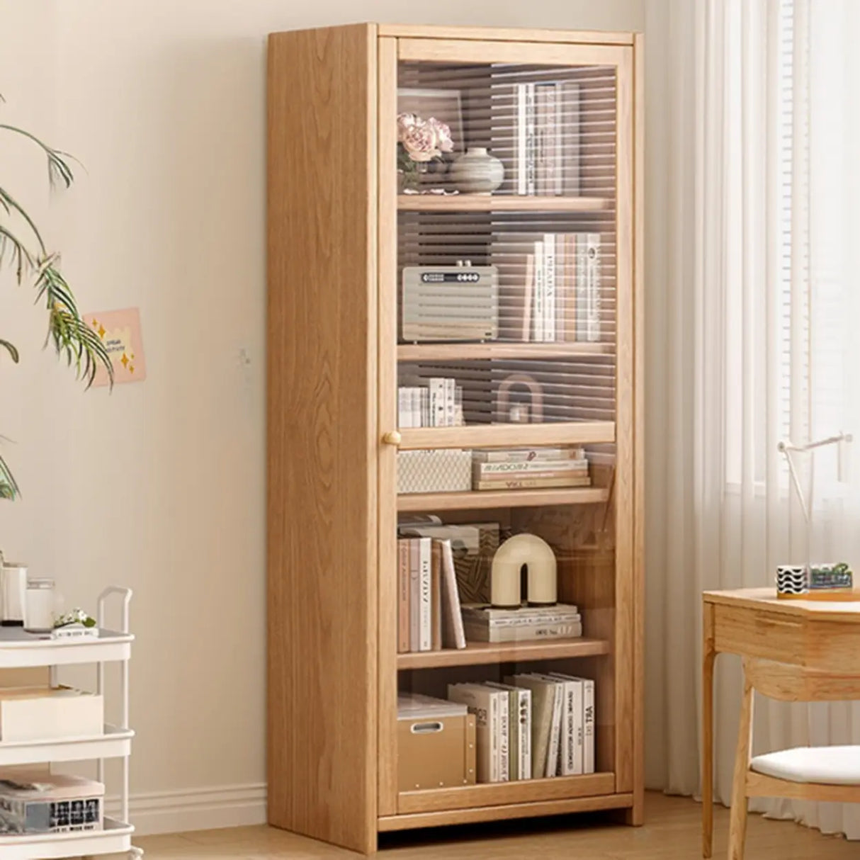 Modish Vertical Glass Doors Brown Timber Bookcases Image - 15