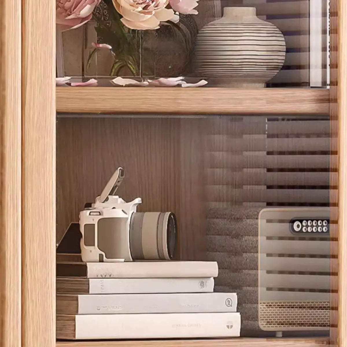 Modish Vertical Glass Doors Brown Timber Bookcases Image - 16