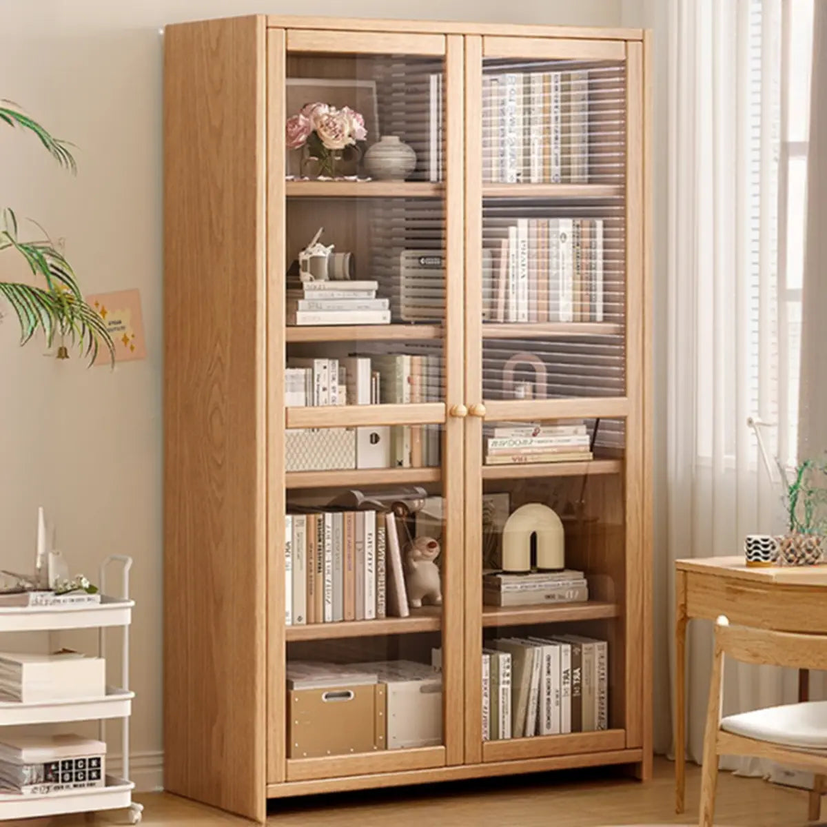Modish Vertical Glass Doors Brown Timber Bookcases Image - 17